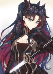 Rule 34 | 1girl, absurdres, black hair, breasts, cleavage cutout, clothing cutout, fate/grand order, fate (series), gradient background, grey eyes, gu li, highres, horns, ishtar (fate), long hair, looking at viewer, multicolored hair, parted bangs, red hair, simple background, small breasts, solo, space ishtar (fate), space ishtar (first ascension) (fate), two-tone hair, two side up, white background
