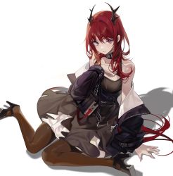 Rule 34 | 1girl, absurdres, arknights, bare shoulders, black dress, breasts, buri (retty9349), chest strap, collar, demon horns, dress, hair between eyes, high heels, highres, horns, jacket, large breasts, long hair, looking at viewer, off shoulder, purple eyes, red hair, simple background, sitting, solo, surtr (arknights), thighhighs, very long hair, white background