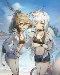 Rule 34 | 2girls, absurdres, alternate costume, amiya (arknights), animal ears, arknights, beach, blue eyes, blush, bouquet, bracelet, brown hair, cat ears, cat girl, cat tail, chinese commentary, choker, closed mouth, flower, green eyes, hand up, highres, jacket, jewelry, long hair, multiple girls, open clothes, open jacket, parted lips, ponytail, qingfeng canying, rabbit ears, rabbit girl, rabbit tail, ring, rosmontis (arknights), shorts, silver hair, swimsuit, tail, very long hair