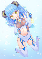 Rule 34 | 1girl, bad id, bad pixiv id, blue hair, blush, breasts, fang, finger to mouth, fingerless gloves, gloves, high heels, kneeling, long hair, looking at viewer, mirei, navel, open mouth, original, pen, pixiv-tan, small breasts, solo, stylus, toeless legwear, toes, white gloves, white legwear, yellow eyes