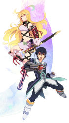Rule 34 | 1boy, 1girl, black hair, blonde hair, blue background, boots, eterno, gloves, gradient background, highres, jude mathis, knee boots, long hair, milla maxwell, multicolored hair, navel, pink background, red eyes, sword, tales of (series), tales of xillia, two-tone hair, very long hair, weapon