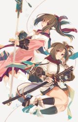 Rule 34 | 2girls, ainu clothes, animal ears, aquaplus, braid, breasts, brown hair, bug, butterfly, curvy, family, from side, full body, hair ribbon, highres, holding, holding sword, holding weapon, insect, inui (utawarerumono), katana, large breasts, long sleeves, looking at viewer, multiple girls, nekone (utawarerumono), open mouth, ponytail, red eyes, red ribbon, rg hki, ribbon, scarf, sheath, sheathed, small breasts, staff, sword, tail, thick thighs, thighs, twintails, utawarerumono, utawarerumono: itsuwari no kamen, utawarerumono: lost flag, weapon