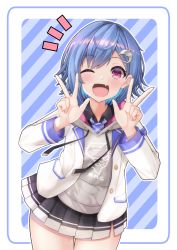Rule 34 | 1girl, ;d, black skirt, blazer, blue hair, blue necktie, blush, commentary request, dolphin hair ornament, double v, fang, grey hoodie, highres, hood, hoodie, jacket, long sleeves, looking at viewer, mole, mole on thigh, necktie, nijisanji, nishizono chigusa, nishizono chigusa (1st costume), notice lines, one eye closed, open clothes, open jacket, open mouth, outline, outside border, pink eyes, plaid necktie, plaid neckwear, pleated skirt, short hair, skin fang, skirt, smile, solo, striped, striped background, toriniku (selene1050), v, virtual youtuber, white outline