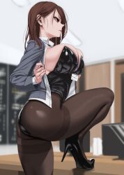 Rule 34 | 1girl, between breasts, black footwear, black leotard, breasts, brown hair, brown pantyhose, collared shirt, desk, from side, grey jacket, high heels, highleg, highleg leotard, huge breasts, jacket, knee up, lanyard, large breasts, leotard, leotard under clothes, long hair, long legs, looking to the side, name tag, office, office lady, open clothes, open jacket, open shirt, original, pantyhose, playboy bunny, red eyes, shirt, sideboob, solo, standing, standing on one leg, strapless, strapless leotard, thick thighs, thighband pantyhose, thighs, tomiokasena, white shirt