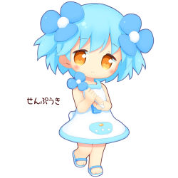Rule 34 | 1girl, aikei ake, bare arms, bare shoulders, blue flower, blue hair, blush, brown eyes, chibi, closed mouth, dress, flower, full body, hair flower, hair ornament, highres, holding, holding flower, looking at viewer, original, personification, sandals, simple background, sleeveless, sleeveless dress, smile, solo, standing, standing on one leg, translation request, white background, white dress, white footwear