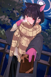 Rule 34 | 1girl, absurdres, animal ears, black coat, black hair, blue archive, blush, cat ears, coat, extra ears, gloves, hair ornament, hairclip, halo, highres, kazusa (blue archive), long sleeves, looking at viewer, open clothes, open coat, pink gloves, red eyes, sakasa. (sakasailst), scarf, short hair, solo, tagme, yellow scarf