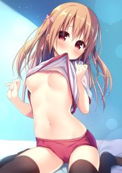 Rule 34 | 1girl, blue panties, blush, breasts, brown hair, brown thighhighs, buruma, clothes in mouth, clothes lift, commentary request, gym shirt, gym uniform, hair between eyes, hair ribbon, hanamiya natsuka, head tilt, lifted by self, light brown hair, long hair, mouth hold, navel, no shoes, original, panties, pink ribbon, red buruma, red eyes, ribbon, shirt, shirt in mouth, shirt lift, short sleeves, sitting, small breasts, solo, thighhighs, two side up, underwear, wariza, white shirt