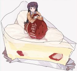 Rule 34 | 1girl, black hair, blunt bangs, blush, cake, cake slice, character name, dated, food, fruit, happy birthday, highres, hirekatsu (kmrkbs), idolmaster, idolmaster shiny colors, looking at viewer, mini person, minigirl, plaid, plaid skirt, simple background, skirt, solo, strawberry, strawberry shortcake, two side up, white background