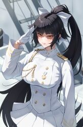 Rule 34 | 1girl, aiguillette, azur lane, black hair, bow, breasts, extra ears, gloves, green eyes, hair bow, hair ears, hair flaps, half gloves, hand up, highres, large breasts, long hair, medal, military uniform, ponytail, ribbon, ropi (yyuichi29), salute, skirt, takao (azur lane), uniform, upper body, white bow, white gloves, white ribbon, white skirt