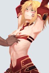 Rule 34 | 1girl, anger vein, armpits, arms up, blonde hair, blue background, blush, breasts, cleavage, detached sleeves, fate/apocrypha, fate (series), green eyes, i-pan, medium breasts, midriff, mordred (fate), mordred (fate/apocrypha), navel, nipples, parted lips, ponytail, simple background, small breasts, solo focus, sweat
