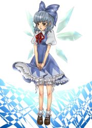 Rule 34 | 1girl, bad id, bad pixiv id, bloomers, blue eyes, blue hair, bobby socks, cirno, dress, own hands clasped, mary janes, matching hair/eyes, own hands together, petticoat, poruhi, shoes, short hair, shy, socks, solo, touhou, underwear, v arms, wings
