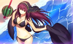 Rule 34 | 1girl, beach, bikini, breasts, cleavage, fate/grand order, fate (series), kauto, large breasts, long hair, navel, outdoors, purple hair, red eyes, scathach (fate), scathach (fate), shore, side-tie bikini bottom, solo, swimsuit, veil, water