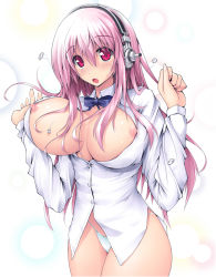 Rule 34 | 1girl, :o, bikini, bikini bottom only, blush, bottomless, bow, bowtie, breasts, bursting breasts, buttons, dress shirt, headphones, highres, huge breasts, large breasts, long hair, nipple slip, nipples, nitroplus, no bra, no pants, open clothes, open shirt, panties, pink hair, popped button, red eyes, scatter milk, shirt, solo, super sonico, swimsuit, unbuttoned, undersized clothes, underwear, wardrobe malfunction