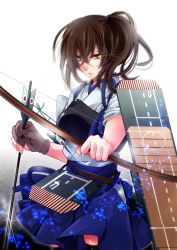 Rule 34 | 10s, 1girl, arrow (projectile), bow, bow (weapon), brown hair, hair between eyes, himuro (himushin), kaga (kancolle), kantai collection, long hair, personification, ponytail, side ponytail, solo, weapon, yellow eyes