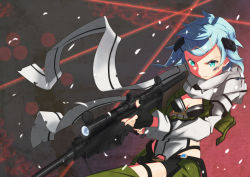 Rule 34 | 10s, 1girl, anti-materiel rifle, bike shorts, blue eyes, blue hair, bolt action, breasts, chaps, fingerless gloves, gloves, gradient background, gun, hair ornament, matching hair/eyes, mosha densou, pgm hecate ii, rifle, scarf, scope, short hair, sinon, small breasts, sniper rifle, solo, sword art online, weapon