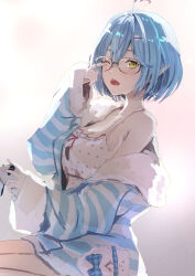 Rule 34 | 1girl, ahoge, black-framed eyewear, blue hair, blue jacket, bob cut, breasts, camisole, character hair ornament, colored tips, commentary request, controller, daifuku (yukihana lamy), frilled camisole, frills, fur-trimmed jacket, fur trim, game controller, glasses, hair between eyes, hair ornament, hairclip, heart, heart ahoge, highres, holding, holding controller, holding game controller, hololive, jacket, large breasts, looking at viewer, multicolored hair, official alternate costume, official alternate hair length, official alternate hairstyle, one eye closed, pajamas, partially unzipped, pointy ears, polka dot camisole, rubbing eyes, seiza, semi-rimless eyewear, single bare shoulder, sitting, sleepwear, solo, streaked hair, striped clothes, striped jacket, virtual youtuber, white camisole, yami ara, yawning, yukihana lamy