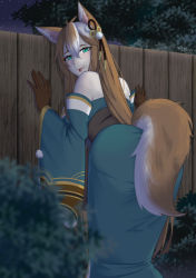 Rule 34 | 1girl, against fence, animal ears, artist request, ass, bare shoulders, blush, breasts, brown hair, come hither, detached sleeves, fence, fox ears, fox tail, from behind, genshin impact, gloves, gradient hair, green eyes, hina (genshin impact), leaning, leaning forward, long hair, looking at viewer, looking back, multicolored hair, naughty face, ponytail, smile, solo, tail, tongue, tongue out, very long hair, white hair