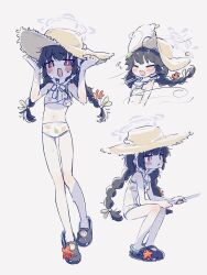 Rule 34 | 1girl, bikini, black hair, blue archive, blush, braid, bright pupils, chin strap, commentary, coral hair ornament, crocs, fishing, fishing rod, floating hair, halo, hands up, hat, highres, holding, holding clothes, holding fishing rod, holding hat, invisible chair, leaf, leaf on head, leaf print, long hair, miyu (blue archive), miyu (swimsuit) (blue archive), multiple views, navel, open mouth, print bikini, raised eyebrows, red eyes, simple background, sitting, starfish, stomach, straw hat, sweat, swimsuit, translation request, twin braids, two-handed, unya (unyaunia), white bikini, white pupils, wind