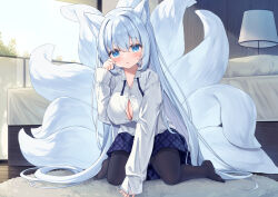 Rule 34 | 1girl, :o, animal ear fluff, animal ears, bed, black pantyhose, black ribbon, blue eyes, blue skirt, blush, breasts, cleavage, collared shirt, commentary request, dress shirt, floor lamp, fox ears, fox girl, fox tail, grey hair, hair between eyes, highres, indoors, kitsune, kyuubi, large breasts, long hair, long sleeves, looking at viewer, multiple tails, neck ribbon, original, pantyhose, parted lips, plaid, plaid skirt, pleated skirt, ribbon, satsuki yukimi, shirt, skirt, sleeves past wrists, solo, tail, very long hair, white shirt