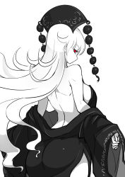 Rule 34 | 1girl, ass, back, back focus, bare back, breasts, female focus, greyscale, hat, highres, junko (touhou), large breasts, long hair, looking at viewer, looking back, monochrome, pointy ears, raptor7, red eyes, sideboob, simple background, solo, spot color, touhou, undressing, very long hair, white background, wide sleeves