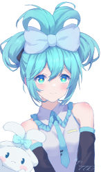 Rule 34 | 1girl, absurdres, black sleeves, blue bow, blue eyes, blue hair, blue necktie, bow, cinnamiku, cinnamoroll, closed mouth, collared shirt, detached sleeves, folded twintails, frilled shirt, frills, hair bow, hatsune miku, highres, long hair, looking at viewer, necktie, sanrio, shirt, signature, simple background, sleeveless, sleeveless shirt, smile, solo, star-shaped pupils, star (symbol), symbol-shaped pupils, tied ears, twintails, vocaloid, w-t, white background, white shirt, wing collar