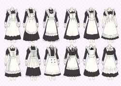 Rule 34 | 6+girls, apron, black bow, black dress, black ribbon, bow, checkered background, collared dress, commentary request, cropped legs, dress, frilled apron, frills, highres, juliet sleeves, long sleeves, maid, maid apron, maid day, mixed maids, multiple girls, neck ribbon, original, pleated dress, puffy short sleeves, puffy sleeves, ribbon, sakura oriko, short sleeves, white apron, white bow