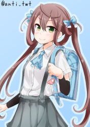 Rule 34 | &gt;:), 10s, 1girl, anti (untea9), aqua bow, asagumo (kancolle), backpack, bag, blue background, blush, bow, brown hair, green eyes, hair bow, hair rings, kantai collection, long hair, randoseru, school uniform, simple background, skirt, smile, solo, suspenders, twintails, twitter username, v-shaped eyebrows