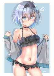 Rule 34 | 1girl, bare shoulders, bikini, black bikini, black hairband, blue eyes, blush, breasts, choker, cleavage, collarbone, commentary request, dot nose, hair between eyes, hair ornament, hairband, highres, long sleeves, looking at viewer, off shoulder, ryuuou no oshigoto!, short hair, signature, silver hair, simple background, small breasts, snowflake hair ornament, solo, sora ginko, sunsun2812, swimsuit