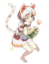 Rule 34 | 1girl, animal ears, barefoot, bell, blush, brown eyes, cat ears, cat girl, cat tail, closed mouth, coin, crop top, full body, gold, goutokuji mike, highres, jill 07km, jingle bell, koban (gold), multicolored hair, one eye closed, short hair, short sleeves, shorts, simple background, smile, solo, streaked hair, tail, touhou, white background, white hair, white shorts