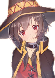 1girl black_cape black_collar blush brown_hair cape collar collarbone commentary_request dress hat highres kono_subarashii_sekai_ni_shukufuku_wo! long_hair looking_at_viewer megumin nonono_(1399900) red_dress red_eyes simple_background smile solo white_background witch_hat