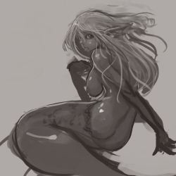 Rule 34 | 1girl, absurdres, ass, b.b, breasts, fins, head fins, highres, large breasts, long hair, mermaid, monochrome, monster girl, nude, scales, sketch, solo, tongue, tongue out