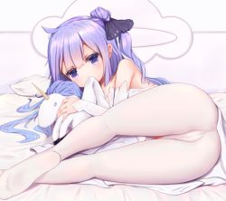 Rule 34 | 1girl, ahoge, ass, azur lane, babai hu, bare shoulders, bed, bed sheet, black bow, black ribbon, bow, covered mouth, crotch seam, detached sleeves, hugging doll, dress, feet, hair between eyes, hair bun, hair ribbon, head tilt, highres, long hair, long sleeves, looking at viewer, lying, no shoes, hugging object, on bed, on side, one side up, pantyhose, pillow, purple eyes, purple hair, ribbon, side bun, single hair bun, single side bun, sleeves past wrists, soles, solo, stuffed animal, stuffed toy, stuffed unicorn, stuffed winged unicorn, unicorn (azur lane), very long hair, white dress, white pantyhose