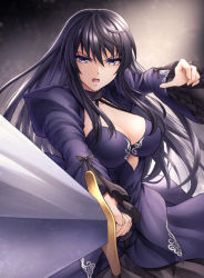 Rule 34 | 1girl, artoria pendragon (all), artoria pendragon (fate), ayra (fire emblem), black hair, breasts, cleavage, cosplay, crossover, dress, fate (series), fire emblem, fire emblem: genealogy of the holy war, floating hair, hair between eyes, holding, holding sword, holding weapon, large breasts, long hair, long sleeves, looking at viewer, nintendo, open mouth, purple dress, purple eyes, saber alter, saber alter (cosplay), shrug (clothing), solo, standing, sword, ten (tenchan man), v-shaped eyebrows, very long hair, weapon, wide sleeves
