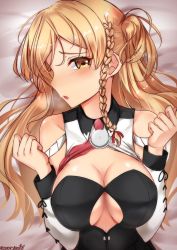 Rule 34 | 1girl, bare shoulders, blonde hair, braid, breasts, breath, cleavage cutout, clothing cutout, corset, french braid, highres, kantai collection, large breasts, lips, long hair, lying, sazamiso rx, shirt, solo, tears, twitter username, white shirt, zara (kancolle), zara due (kancolle)