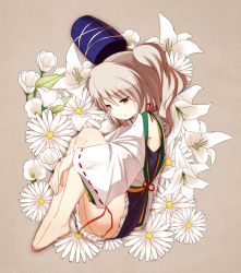 Rule 34 | 1girl, barefoot, blueberry (5959), bow, dress, expressionless, feet, female focus, fetal position, floral background, flower, grey background, grey hair, hat, highres, hugging own legs, japanese clothes, mononobe no futo, ponytail, solo, tate eboshi, touhou, yellow eyes