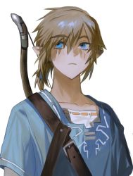 Rule 34 | 1boy, bad id, bad twitter id, blonde hair, blue eyes, blue tunic, bow (weapon), link, mabelmine, male focus, nintendo, open mouth, pointy ears, shirt, simple background, solo, the legend of zelda, the legend of zelda: breath of the wild, tunic, upper body, weapon, weapon on back, white background