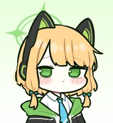 Rule 34 | 1girl, animal ear headphones, animal ears, blonde hair, blue archive, blue necktie, blush, bow, closed mouth, collared shirt, fake animal ears, gradient background, green bow, green eyes, hair bow, headphones, highres, jacket, looking at viewer, midori (blue archive), necktie, open clothes, open jacket, piki (itpiki), shirt, short hair, solo, upper body, white jacket, white shirt
