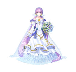 Rule 34 | 1girl, absurdly long hair, absurdres, artist request, bare shoulders, bouquet, commentary request, detached sleeves, dress, female focus, fire emblem, fire emblem: the binding blade, fire emblem heroes, flower, full body, hair between eyes, highres, holding, holding bouquet, long hair, matching hair/eyes, nintendo, official alternate costume, official art, purple eyes, purple hair, simple background, solo, sophia (fire emblem), standing, strapless, strapless dress, very long hair, wedding dress, white background, white dress