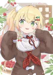 Rule 34 | 1girl, absurdres, blonde hair, blush, brown cardigan, cardigan, commentary, double-parted bangs, facing viewer, fang, finger to cheek, food, frilled shirt collar, frills, fruit, gorirasaru440, gradient hair, green eyes, hair between eyes, hair ornament, hairclip, hands up, highres, hololive, long hair, long sleeves, momosuzu nene, momosuzu nene (casual), multicolored hair, nail polish, neckerchief, official alternate costume, official alternate hairstyle, open mouth, orange nails, pink hair, pom pom (clothes), pom pom hair ornament, raspberry, red neckerchief, sailor collar, shirt, side ponytail, sideways glance, sleeves past wrists, solo, strawberry, upper body, virtual youtuber, w arms, white sailor collar, white shirt
