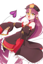 Rule 34 | 1girl, alternate costume, arms up, bare shoulders, black dress, black hat, black sleeves, chinese clothes, demon girl, demon tail, detached sleeves, dress, earrings, eyebrows, eyelashes, fangs, feet out of frame, female focus, frilled dress, frilled sleeves, frills, happy, hat, jewelry, jiangshi, jiangshi costume, long hair, looking at viewer, maou-jou de oyasumi, meruniyome, multicolored clothes, multicolored dress, multicolored sleeves, ofuda, ofuda on head, open mouth, outstretched arms, petite, pointy ears, purple hair, red dress, red sleeves, sash, simple background, sleeveless, sleeveless dress, sleeves past fingers, sleeves past wrists, smile, solo, standing, succyun, tail, talisman, thighhighs, very long hair, white background, white sleeves, white thighhighs, yellow eyes, yellow sleeves, zombie pose