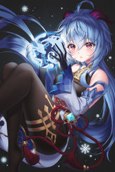 Rule 34 | 1girl, :o, ahoge, bare shoulders, bell, black background, black gloves, black pantyhose, blue hair, blush, bodystocking, detached sleeves, feet out of frame, flower knot, ganyu (genshin impact), genshin impact, gloves, glowing, hair between eyes, highres, holding, horns, knees up, light particles, long hair, long sleeves, looking at viewer, no shoes, nowsicaa, orb, pantyhose, parted lips, purple eyes, red ribbon, ribbon, simple background, snowflakes, solo, tassel, thighlet, very long hair