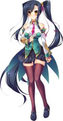 Rule 34 | 1girl, absurdly long hair, absurdres, artist request, bare shoulders, black thighhighs, blue hair, blush, breasts, detached sleeves, full body, highres, kan&#039;u (koihime musou), katagiri hinata, koihime musou, large breasts, long hair, looking at viewer, necktie, shoes, side ponytail, skirt, solo, standing, thighhighs, transparent background, very long hair, yellow eyes, zettai ryouiki