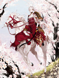 Rule 34 | 1girl, arrow (projectile), bow (weapon), cherry blossoms, flower, highres, horse, izumi (nagashi), japanese clothes, long hair, original, tree, weapon, white hair, white horse