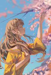 Rule 34 | 1girl, absurdres, bare shoulders, blue sky, brown hair, cherry blossoms, closed eyes, hanami, highres, jenmin12, long hair, open mouth, original, shirt, sky, solo, spring (season), yellow shirt