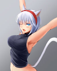 Rule 34 | 10s, 1girl, animal ears, armpits, arms up, blue eyes, blush, bottomless, breasts, cat ears, cat girl, cat tail, fang, final fantasy, final fantasy xiv, hairband, highres, irohara, large breasts, looking at viewer, miqo&#039;te, one eye closed, open mouth, short hair, silver hair, sketch, sleeveless, sleeveless turtleneck, solo, square enix, stretching, tail, turtleneck, warrior of light (ff14), wink