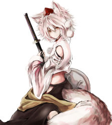 Rule 34 | 1girl, animal ears, detached sleeves, hakama, hakama skirt, hat, head tilt, high collar, inubashiri momiji, japanese clothes, light smile, looking at viewer, looking back, orange eyes, orein, orien, pink hair, pom pom (clothes), sheath, sheathed, shield, short hair, simple background, sitting, skirt, solo, sword, tail, tokin hat, touhou, wariza, weapon, white background, wolf ears, wolf tail