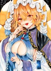 Rule 34 | 1girl, :d, blonde hair, breasts, cleavage cutout, clothing cutout, dress, fox tail, hair between eyes, hat, long sleeves, looking at viewer, monji (monzi328), multiple tails, open mouth, smile, solo, tail, touhou, traditional media, upper body, wide sleeves, yakumo ran