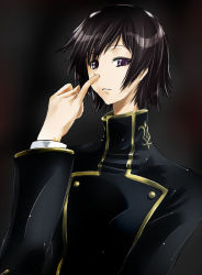 Rule 34 | 00s, 1boy, abubu, black background, black hair, code geass, dark, emblem, expressionless, gradient background, lelouch vi britannia, long sleeves, looking at viewer, male focus, nose picking, purple eyes, simple background, solo, swept bangs, uniform, upper body