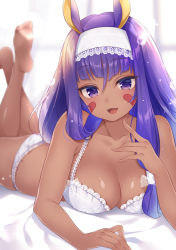 Rule 34 | 1girl, :3, :d, animal ears, bare legs, barefoot, blunt bangs, blurry, blush, bra, breasts, cleavage, collarbone, dark-skinned female, dark skin, depth of field, facial mark, fate/grand order, fate (series), feet, hairband, indoors, lace-trimmed hairband, lace trim, large breasts, long hair, looking at viewer, lying, medium breasts, mitsuba choco, nitocris (fate), on stomach, open mouth, panties, purple eyes, purple hair, sidelocks, smile, soles, solo, the pose, toes, tsurime, underwear, underwear only, very long hair, white bra, white panties