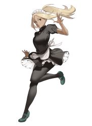 Rule 34 | 1girl, absurdres, apron, blonde hair, breasts, closed mouth, commission, dark-skinned female, dark skin, dress, gravity daze, hanny (uirusu chan), highres, kitten (gravity daze), long hair, looking at viewer, maid, maid apron, maid headdress, official alternate costume, pantyhose, ponytail, puffy short sleeves, puffy sleeves, red eyes, short sleeves, simple background, skirt, smile, solo